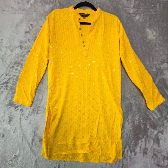 Sojanya Tops - Sojanya Yellow Sequin Embroidered Kurta Tunic Mandarin Collar Two Pockets Size S